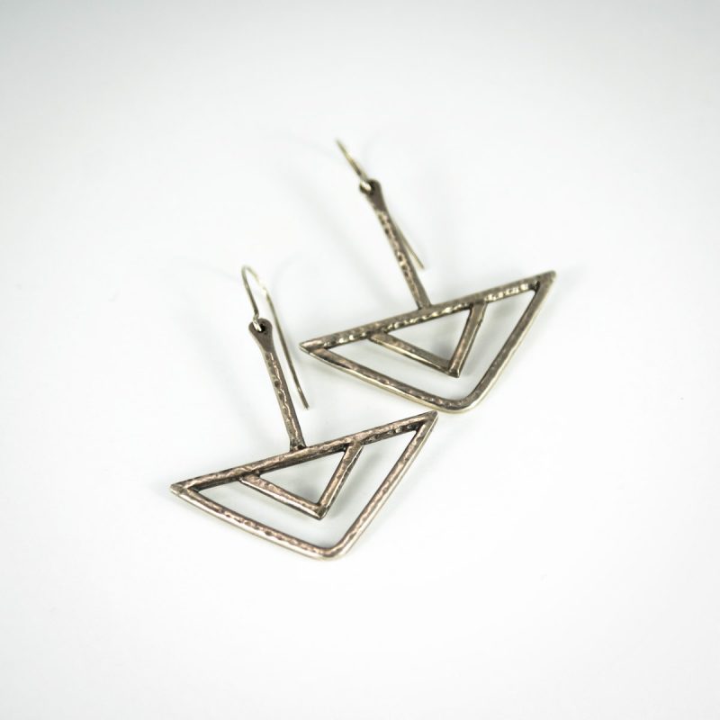 These wicked Sterling Silver Triangle Earrings have subtle hand hammered texture, oxidized and polished for a sassy look! Top view.