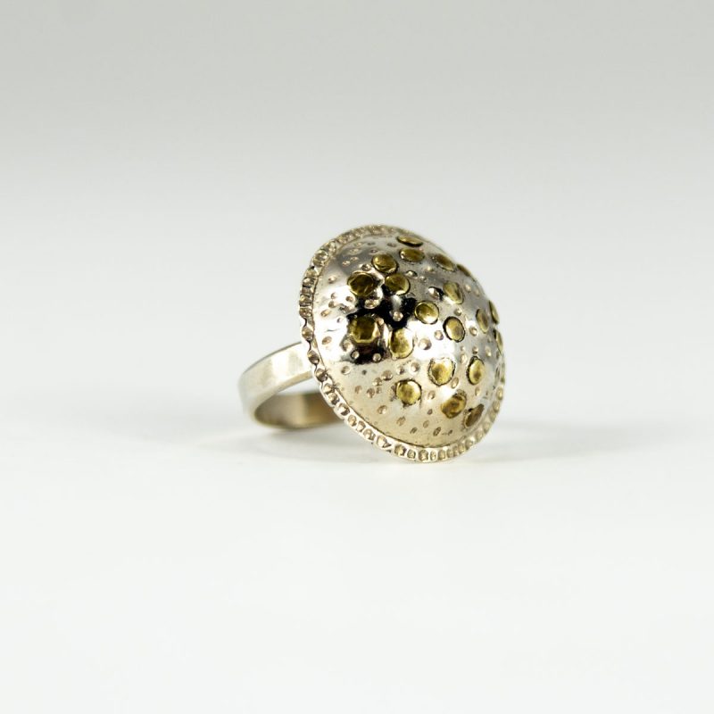 Adorn your hand with this stylish Silver Dome Ring with hammered brass rivets!